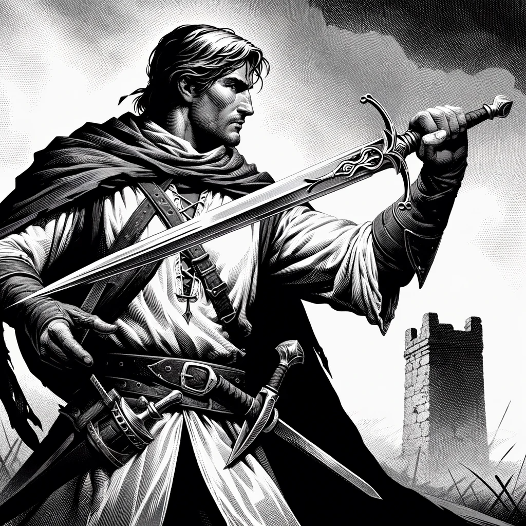 DALLE_2024-01-01_18.11.07_-_A_black_and_white_illustration_in_the_same_artistic_style_depicting_a_warrior_holding_a_small_one-handed_sword_in_a_medieval_fantasy_setting._The_war