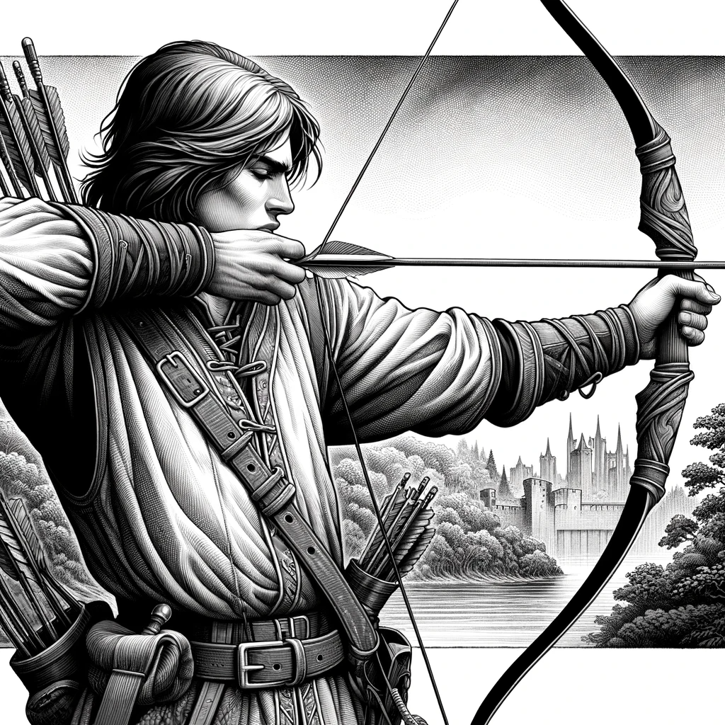DALLE_2024-01-01_18.16.43_-_A_black_and_white_illustration_in_the_same_artistic_style_depicting_an_archer_in_a_medieval_fantasy_setting_drawing_a_bow._The_archer_should_be_dress
