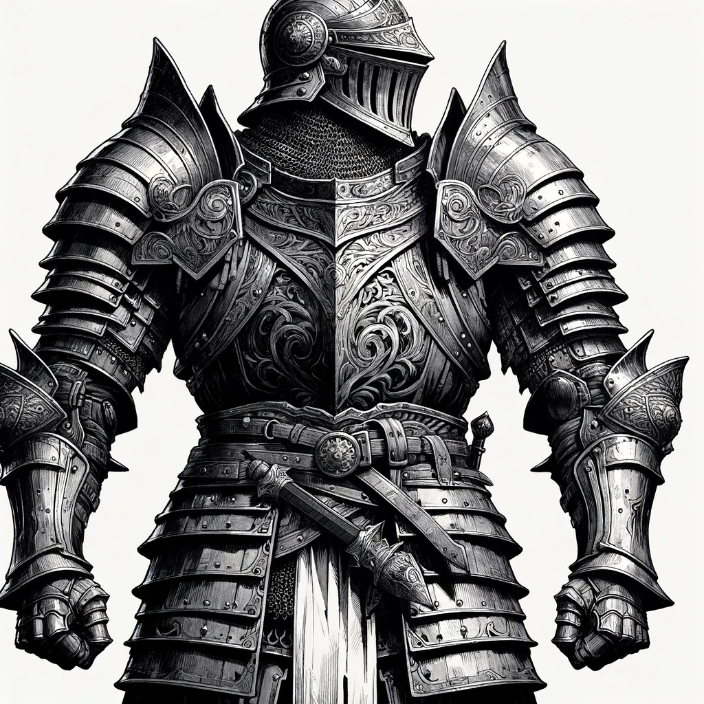 DALLE_2024-01-01_18.17.29_-_A_black_and_white_illustration_in_the_same_artistic_style_showcasing_the_skill_of_wearing_heavy_armor_in_a_medieval_fantasy_setting._The_image_should