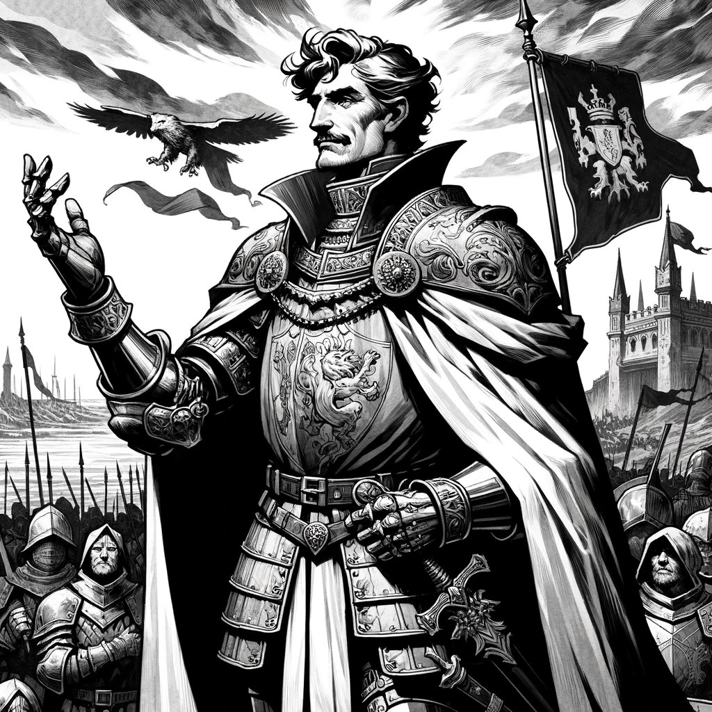 DALLE_2024-01-01_18.21.35_-_A_black_and_white_illustration_in_the_same_artistic_style_portraying_a_general_knight_for_the_skill_of_commandment_in_a_medieval_fantasy_setting._The