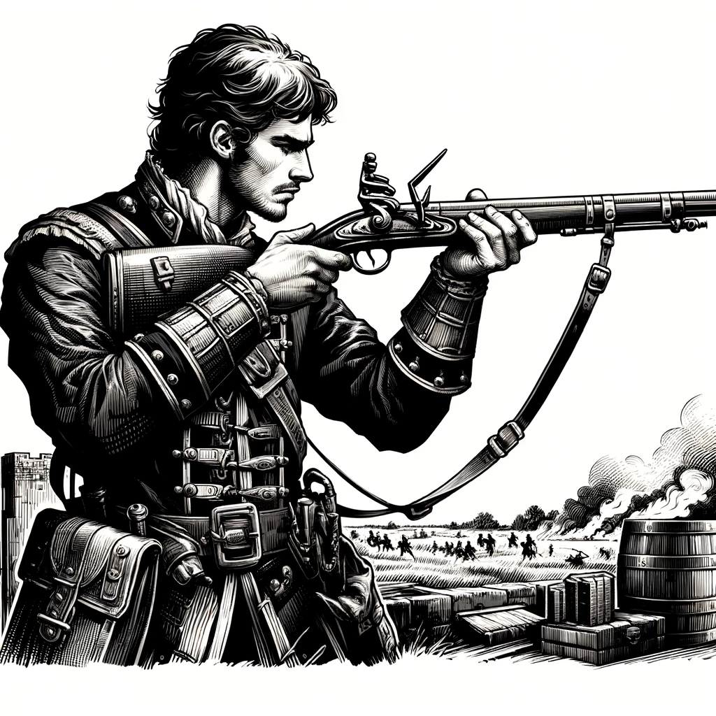 DALLE_2024-01-01_18.24.03_-_A_black_and_white_illustration_in_the_same_artistic_style_depicting_a_man_with_a_musket_for_the_artillery_skill_in_a_medieval_fantasy_setting._The_im